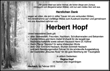 Traueranzeige von Herbert Hopf von Südthüringer Presse