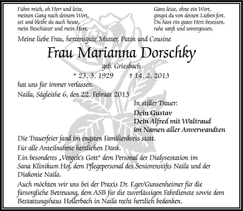 Traueranzeige von Marianna Dorschky von Frankenpost