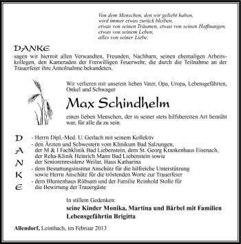 Traueranzeige von Max Schindhelm von Südthüringer Presse