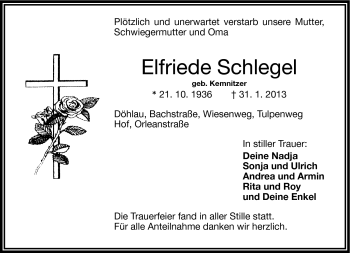 Traueranzeige von Elfriede Schlegel von Frankenpost