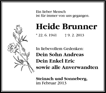 Traueranzeige von Heide Brunner von Südthüringer Presse