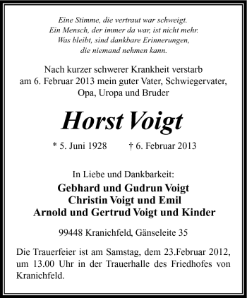Traueranzeige von Horst Voigt von Südthüringer Presse