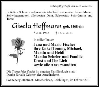 Traueranzeige von Gisela Hoffmann von Südthüringer Presse
