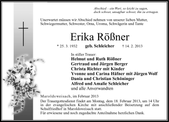 Traueranzeige von Erika Rößner von Neue Presse Coburg