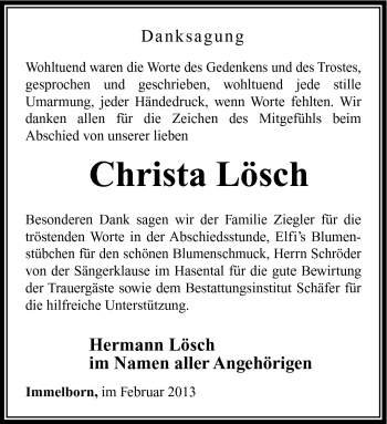 Traueranzeige von Christa Lösch von Südthüringer Presse