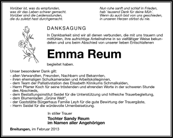 Traueranzeige von Emma Reum von Südthüringer Presse