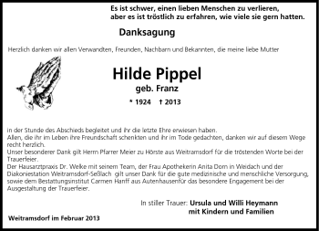 Traueranzeige von Hilde Pippel von Neue Presse Coburg