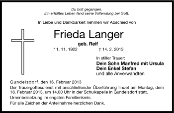 Traueranzeige von Frieda Langer von Neue Presse Coburg
