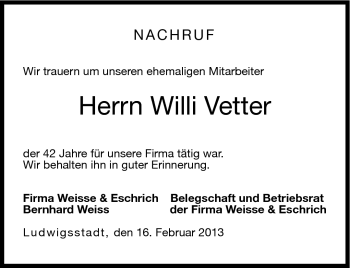 Traueranzeige von Willi Vetter von Neue Presse Coburg