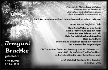 Traueranzeige von Irmgard Bradtke von Südthüringer Presse