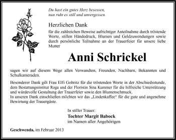 Traueranzeige von Anni Schrickel von Südthüringer Presse