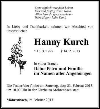 Traueranzeige von Hanny Kurch von Südthüringer Presse