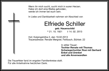 Traueranzeige von Elfriede Schiller von Frankenpost