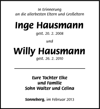Traueranzeige von IngeWilly HausmannHausmann von Südthüringer Presse