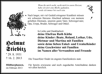 Traueranzeige von Helmut Stiebitz von Südthüringer Presse