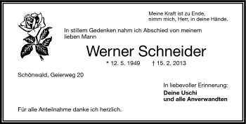 Traueranzeige von Werner Schneider von Frankenpost