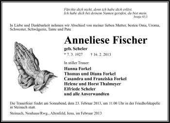 Traueranzeige von Anneliese Fischer von Südthüringer Presse