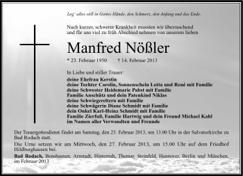 Traueranzeige von Manfred Nößler von Südthüringer Presse