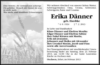 Traueranzeige von Erika Dänner von Südthüringer Presse