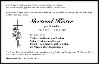 Traueranzeige von Gertrud Kister von Südthüringer Presse