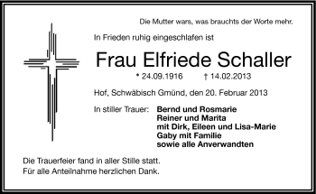 Traueranzeige von Elfriede Schaller von Frankenpost