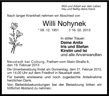 Traueranzeige von Willi Nohynek von Neue Presse Coburg