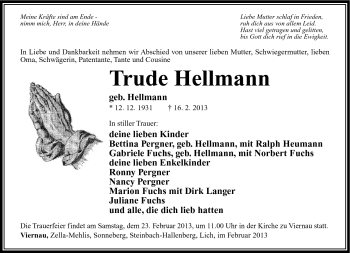 Traueranzeige von Trude Hellmann von Südthüringer Presse