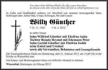 Traueranzeige von Willy Günther von Südthüringer Presse