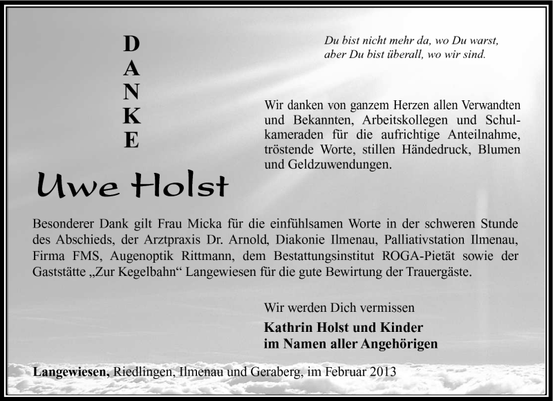  Traueranzeige für Uwe Holst vom 19.02.2013 aus Südthüringer Presse
