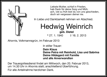 Traueranzeige von Hedwig Weinrich von Frankenpost