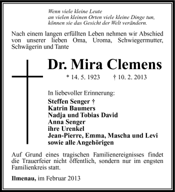 Traueranzeige von Mira Clemens von Südthüringer Presse