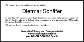 Traueranzeige von Dietmar Schäfer von Neue Presse Coburg