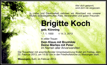 Traueranzeige von Brigitte Koch von Südthüringer Presse