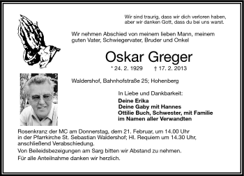 Traueranzeige von Oskar Greger von Frankenpost