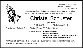 Traueranzeige von Schuster Christel von Frankenpost
