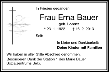 Traueranzeige von Erna Bauer von Frankenpost
