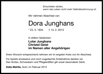 Traueranzeige von Dora Junghans von Südthüringer Presse