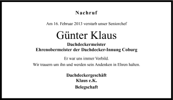 Traueranzeige von Günter Klaus von Neue Presse Coburg