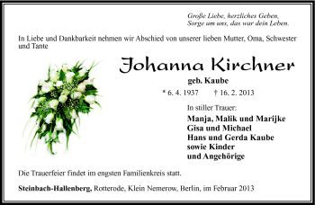 Traueranzeige von Johanna Kirchner von Südthüringer Presse