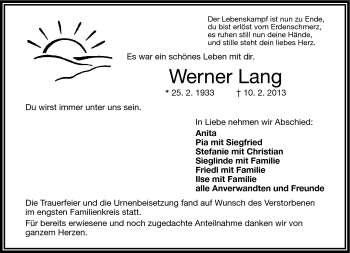 Traueranzeige von Werner Lang von Frankenpost