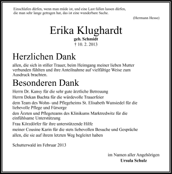 Traueranzeige von Erika Klughardt von Frankenpost