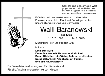 Traueranzeige von Walli Baranowski von Frankenpost