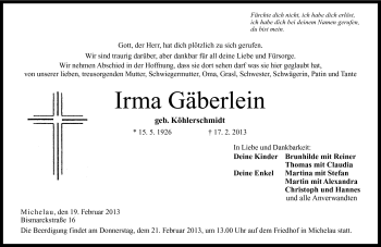 Traueranzeige von Irma Gäberlein von Neue Presse Coburg