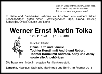 Traueranzeige von Werner Ernst Martin Tolka von Südthüringer Presse