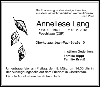 Traueranzeige von Anneliese Lang von Frankenpost
