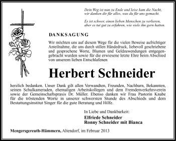 Traueranzeige von Herbert Schneider von Südthüringer Presse