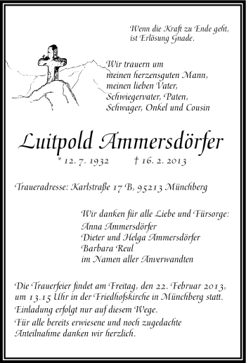 Traueranzeige von Luitpold Ammersdörfer von Frankenpost