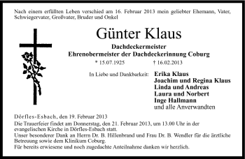 Traueranzeige von Günter Klaus von Neue Presse Coburg