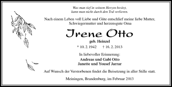 Traueranzeige von Irene Otto von Südthüringer Presse