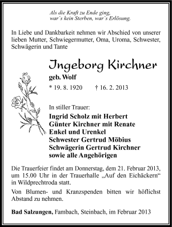 Traueranzeige von Ingeborg Kirchner von Südthüringer Presse